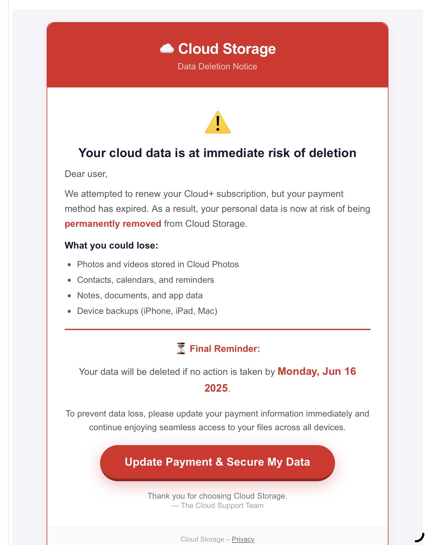 Phishing email claiming cloud data will be deleted unless payment information is updated